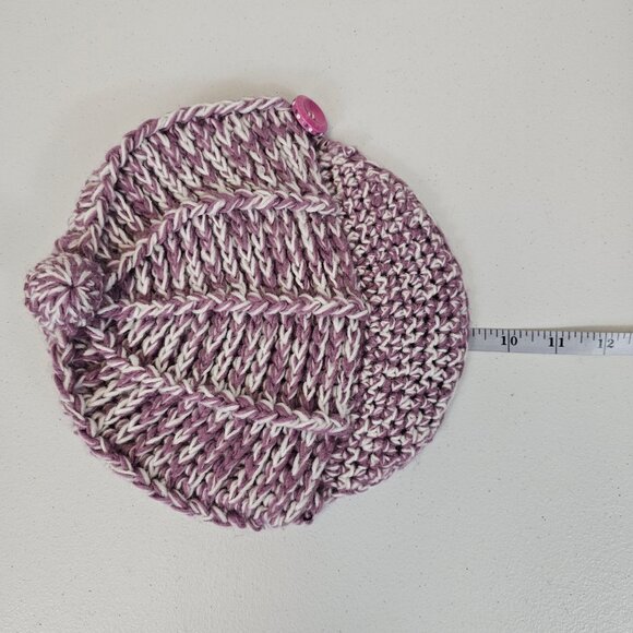 Ladies OS Fall Winter Warm Cozy Cable Knit Wool Riding Cap Purple White Pom Pom - Picture 13 of 16